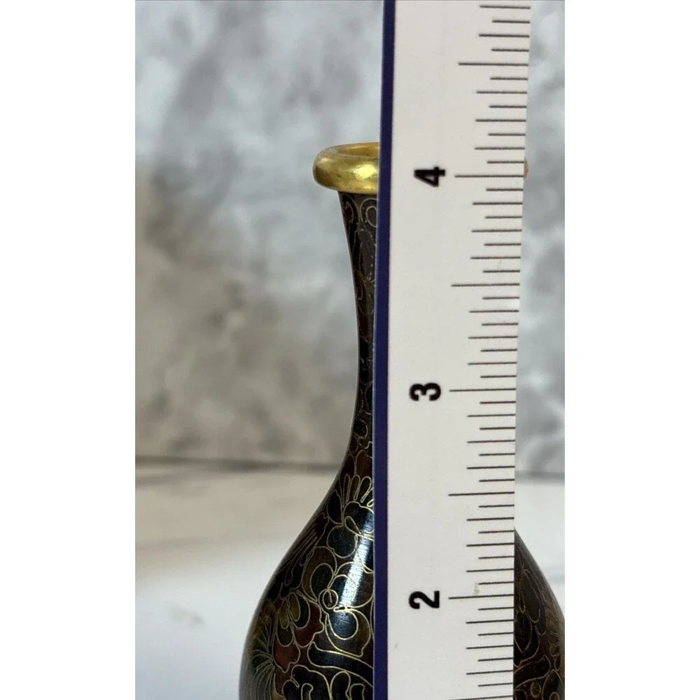Cloisonné vase brown, burgundy, black floral 4
